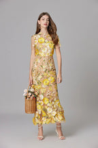 Women's Maxi Dress Sleeveless with Floral Appliqué and Crew Neckline - 16