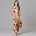 Women's Maxi Dress Sleeveless with Floral Appliqué and Crew Neckline - Beige