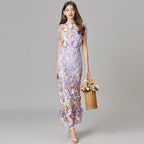 Women's Maxi Dress Sleeveless with Floral Appliqué and Crew Neckline - Purple