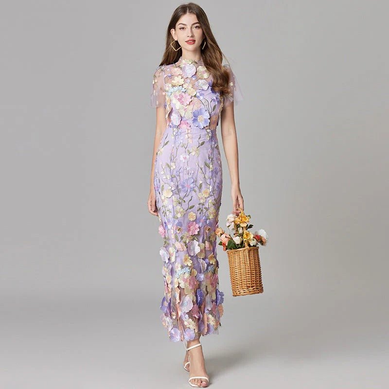 Women's Maxi Dress Sleeveless with Floral Appliqué and Crew Neckline - Purple