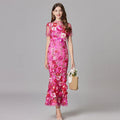Women's Maxi Dress Sleeveless with Floral Appliqué and Crew Neckline - Pink