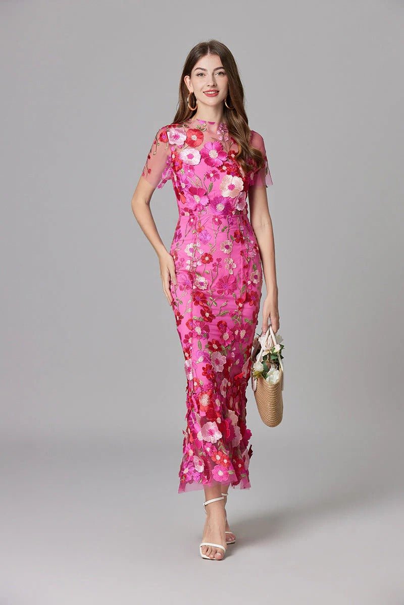Women's Maxi Dress Sleeveless with Floral Appliqué and Crew Neckline - 5