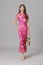 Women's Maxi Dress Sleeveless with Floral Appliqué and Crew Neckline - 5