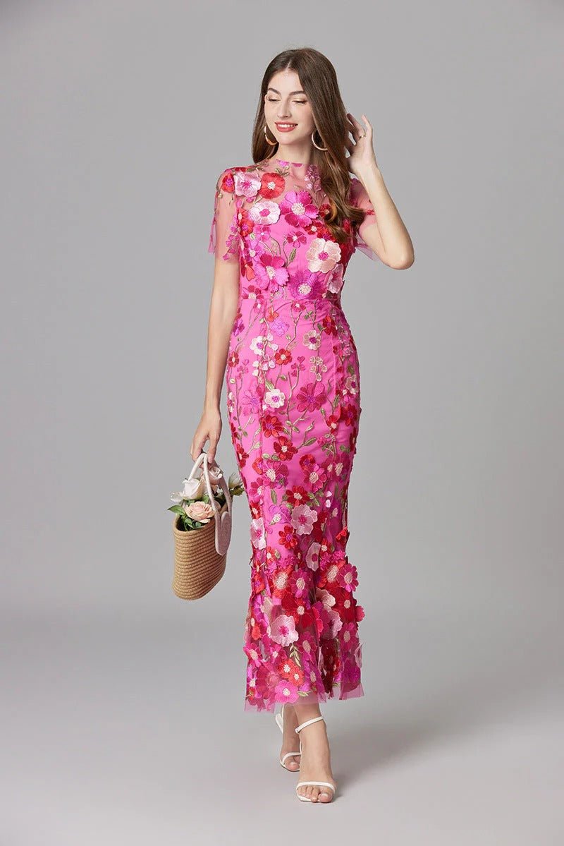 Women's Maxi Dress Sleeveless with Floral Appliqué and Crew Neckline - 6