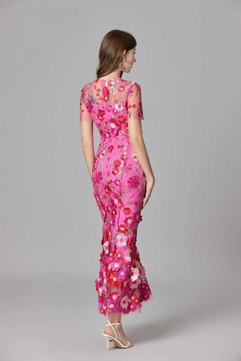 Women's Maxi Dress Sleeveless with Floral Appliqué and Crew Neckline - 7