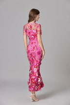 Women's Maxi Dress Sleeveless with Floral Appliqué and Crew Neckline - 7