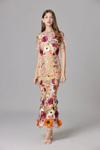 Women's Maxi Dress Sleeveless with Floral Appliqué and Crew Neckline - 8