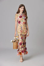 Women's Maxi Dress Sleeveless with Floral Appliqué and Crew Neckline - 9