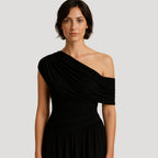Women's One-Shoulder Maxi Dress with Ruched Bodice - Black