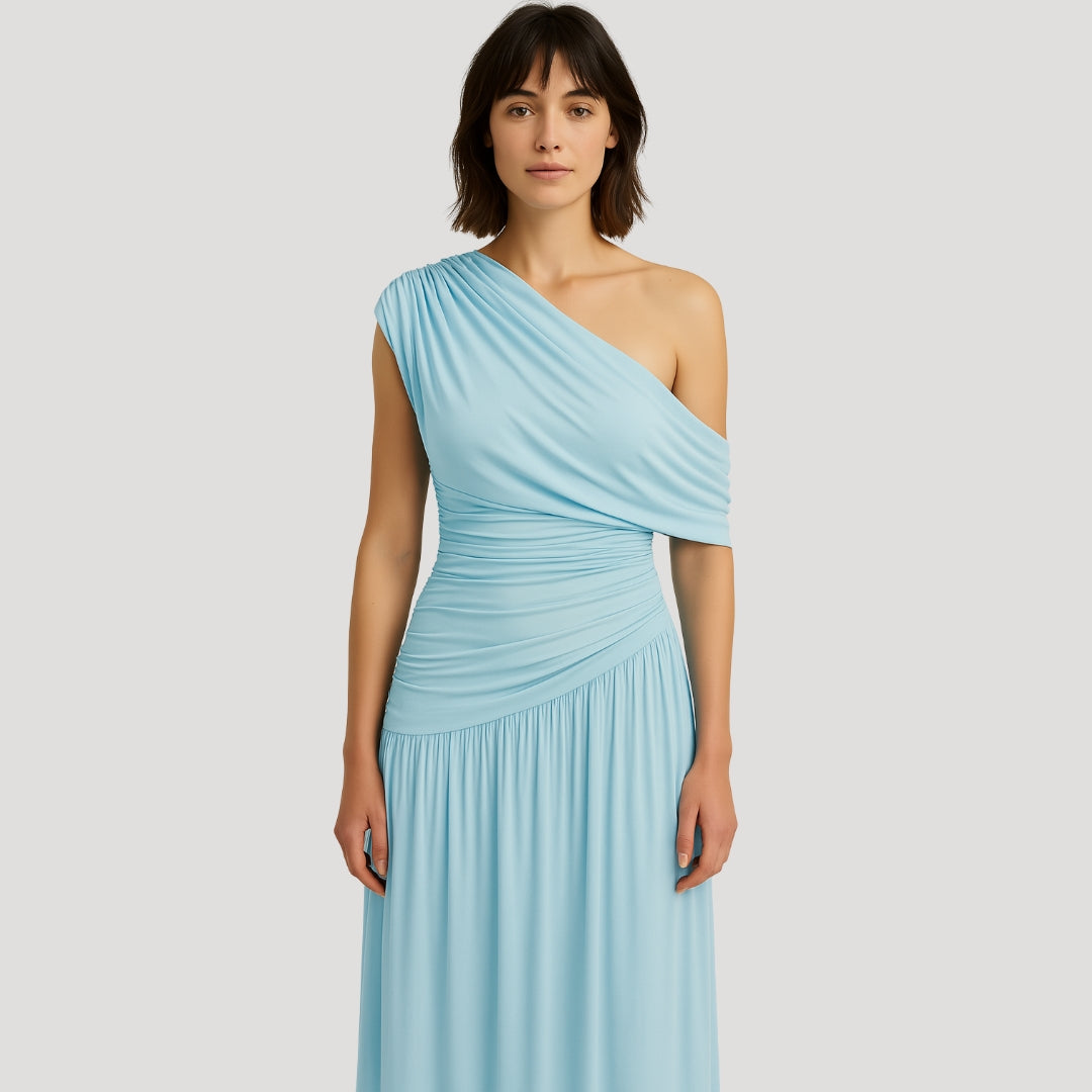 Women's One-Shoulder Maxi Dress with Ruched Bodice - 8