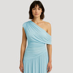 Women's One-Shoulder Maxi Dress with Ruched Bodice - Light Blue
