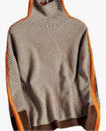 Women's Turtleneck Jumper with Herringbone Pattern and Stripe Sleeves - Orange