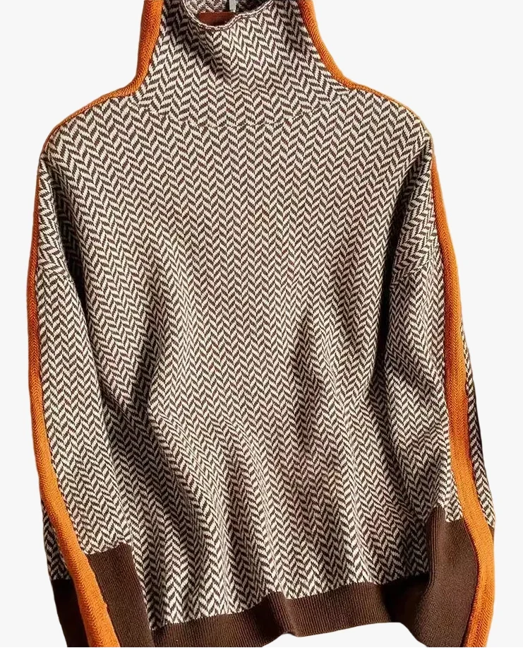 Women's Turtleneck Jumper with Herringbone Pattern and Stripe Sleeves - Orange