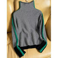 Women's Turtleneck Jumper with Herringbone Pattern and Stripe Sleeves - Green