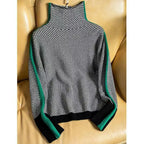 Women's Turtleneck Jumper with Herringbone Pattern and Stripe Sleeves - Green
