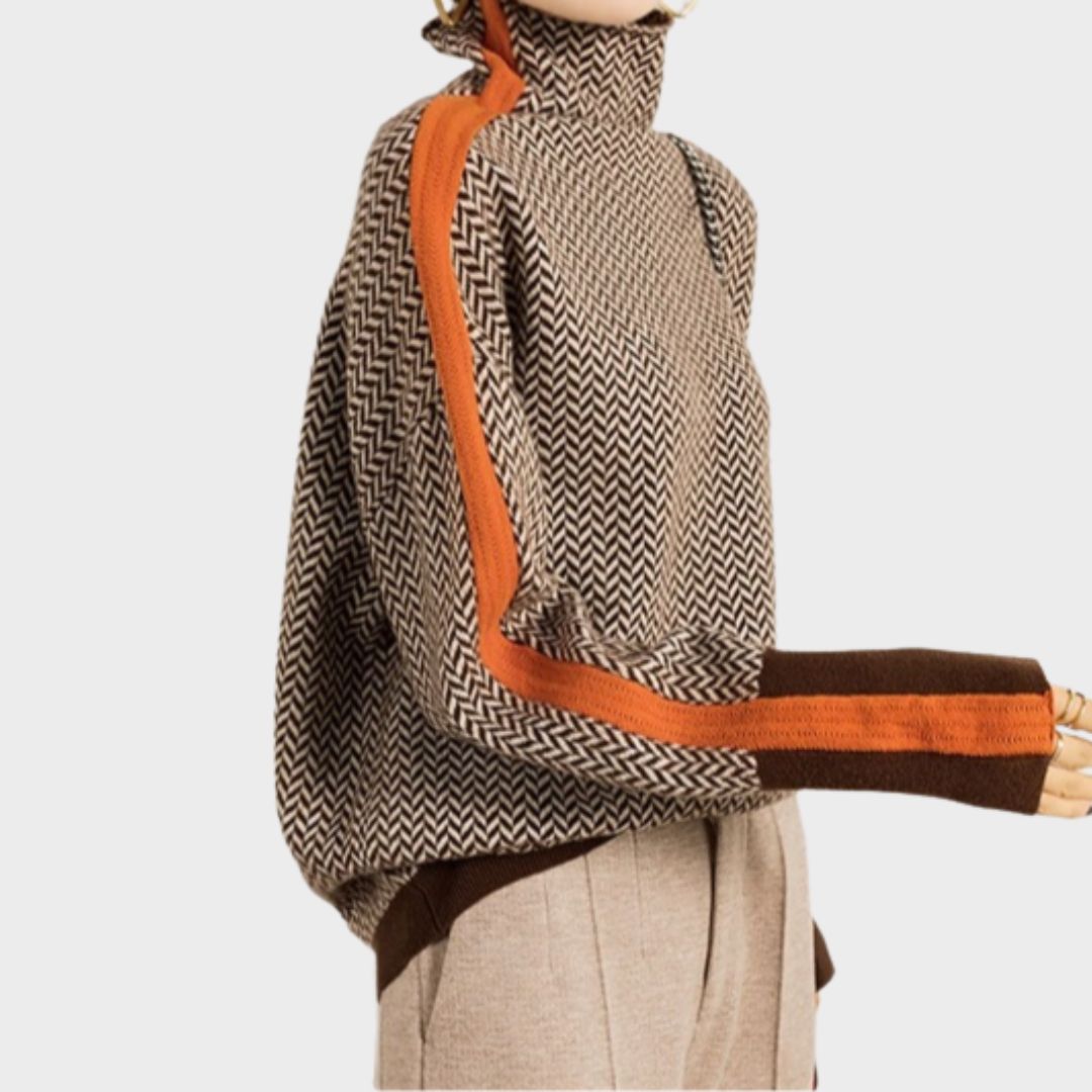 Women's Turtleneck Jumper with Herringbone Pattern and Stripe Sleeves