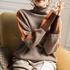 Women's Turtleneck Jumper with Herringbone Pattern and Stripe Sleeves - 4