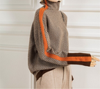 Women's Turtleneck Jumper with Herringbone Pattern and Stripe Sleeves - 5