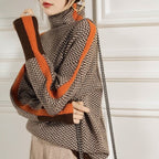Women's Turtleneck Jumper with Herringbone Pattern and Stripe Sleeves - 6