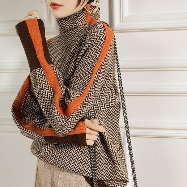 Women's Turtleneck Jumper with Herringbone Pattern and Stripe Sleeves - 6