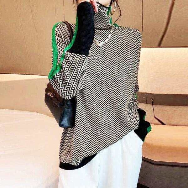 Women's Turtleneck Jumper with Herringbone Pattern and Stripe Sleeves - 7