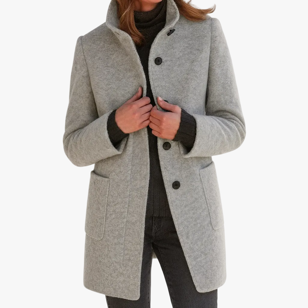 Women's Stand Collar Coat with Button Front and Patch Pockets - Grey