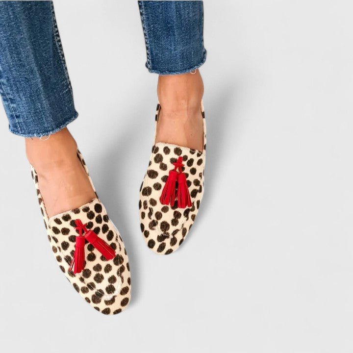Women's Slip-On Tassel Loafers with Leopard Print - Beige