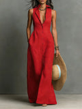 Penelope | Women's Sleeveless Collared Linen Button-Front Maxi Dress - Red