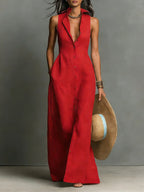 Penelope | Women's Sleeveless Collared Linen Button-Front Maxi Dress - Red