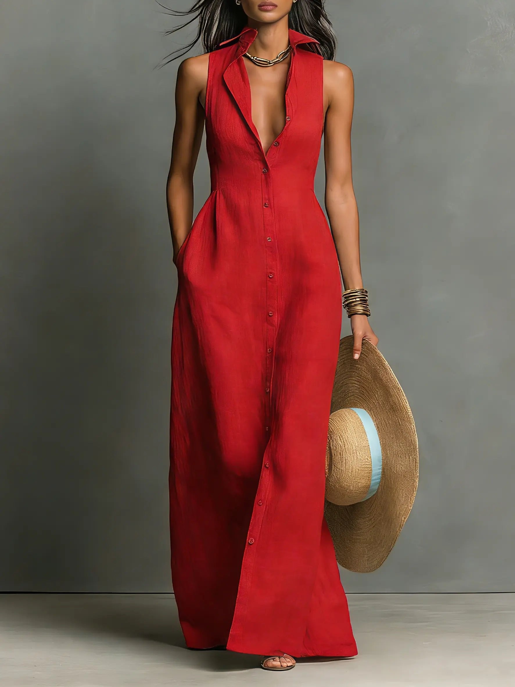 Penelope | Women's Sleeveless Collared Linen Button-Front Maxi Dress - Red