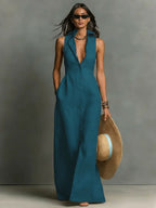 Penelope | Women's Sleeveless Collared Linen Button-Front Maxi Dress - Teal Blue