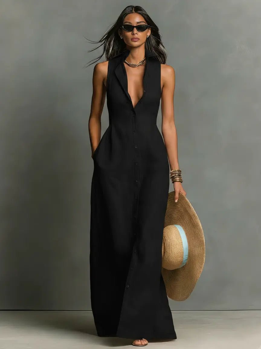 Penelope | Women's Sleeveless Collared Linen Button-Front Maxi Dress - Black