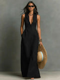 Penelope | Women's Sleeveless Collared Linen Button-Front Maxi Dress - Black