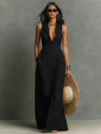 Penelope | Women's Sleeveless Collared Linen Button-Front Maxi Dress - Black
