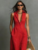 Penelope | Women's Sleeveless Collared Linen Button-Front Maxi Dress - 5
