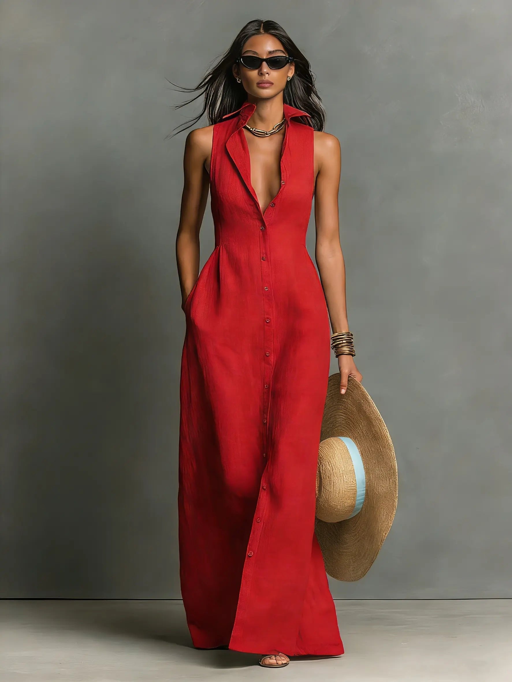 Penelope | Women's Sleeveless Collared Linen Button-Front Maxi Dress - 7
