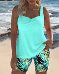 Women's Tummy Control Tankini Set with Sweetheart Neckline and Printed Shorts - Cyan