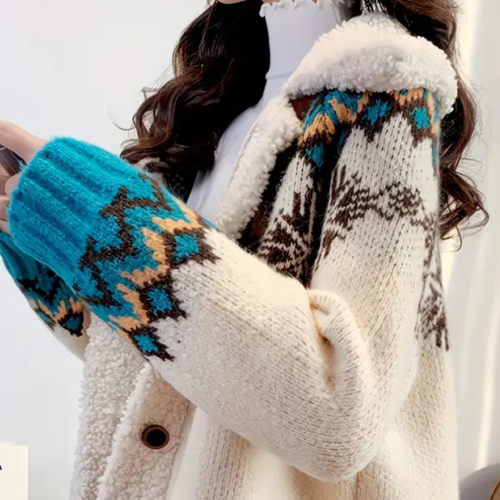 Women's Cardigan Buttoned with Fleece Collar and Patterned Sleeves - 5