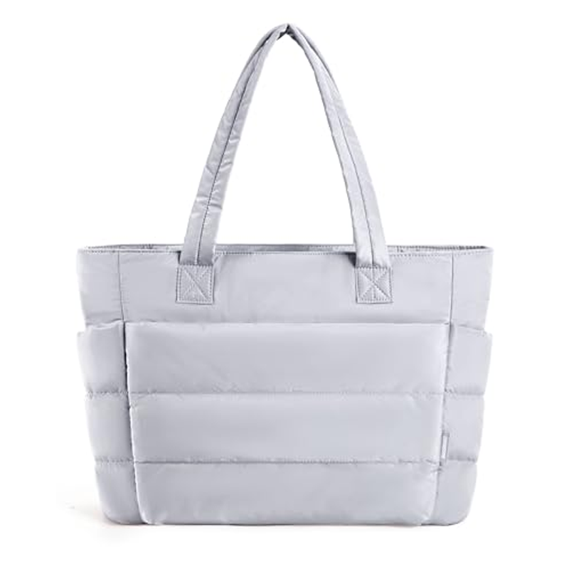 Women's Quilted Tote Bag with Padded Shoulder Straps - Grey