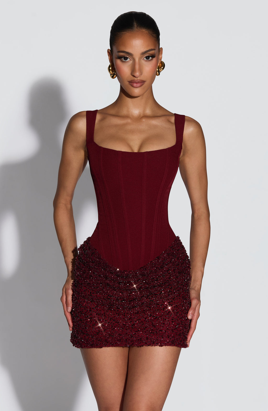 Women's Structured Mini Dress with Bell Sleeves and Sequin Skirt - 5