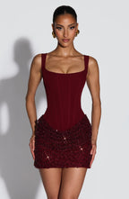 Women's Structured Mini Dress with Bell Sleeves and Sequin Skirt - 5