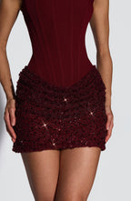 Women's Structured Mini Dress with Bell Sleeves and Sequin Skirt - 7