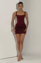Women's Structured Mini Dress with Bell Sleeves and Sequin Skirt - 10