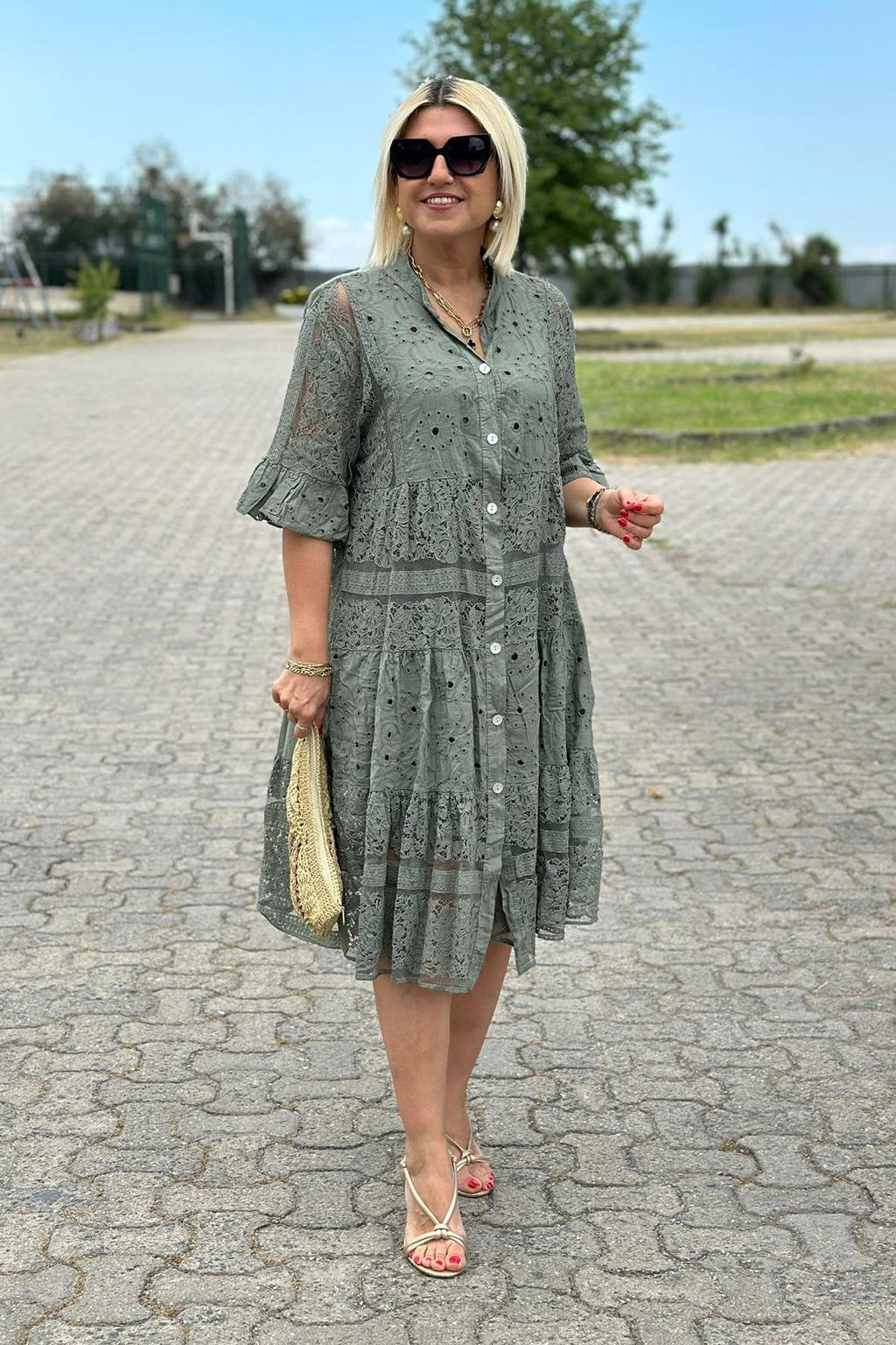 Women's A-Line Dress with Three-Quarter Sleeves and Front Buttons - 5
