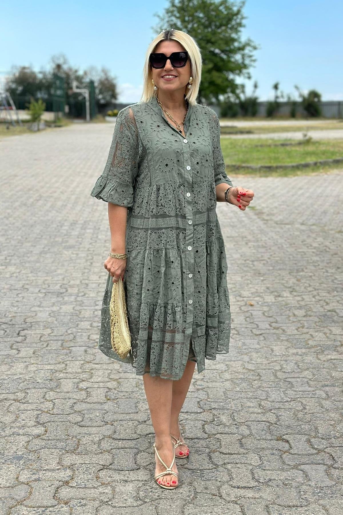 Women's A-Line Dress with Three-Quarter Sleeves and Front Buttons - 5