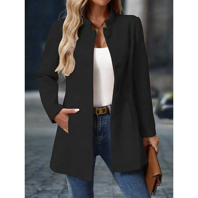 Women's Stand-Collar Tailored Coat with Button Front - Black