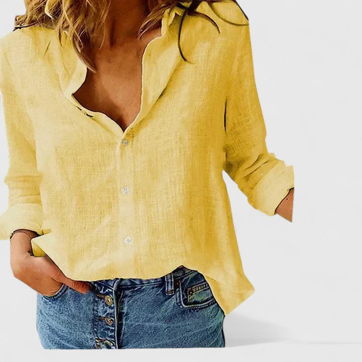 Women's Button-Down Shirt with Lapel Collar and Long Sleeves - Yellow