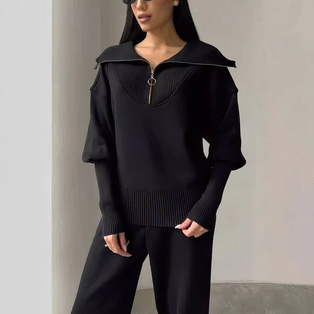 Women's Ribbed Two-Piece Lounge Set with Zip Detail - Black