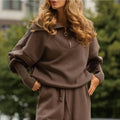 Women's Ribbed Two-Piece Lounge Set with Zip Detail - Brown