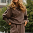 Women's Ribbed Two-Piece Lounge Set with Zip Detail - Brown